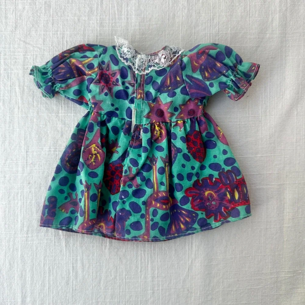 Vintage 1990s Handmade Doll Dress Teal Purple Novelty Print Lace Collar 7 Inch